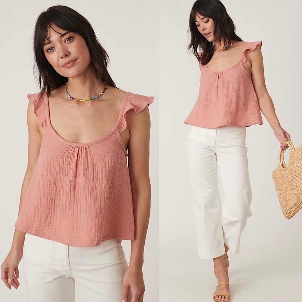 NWT MARINE LAYER Blush Cotton Gauze Ruffle Shoulder Sleeveless Babydoll Tank L